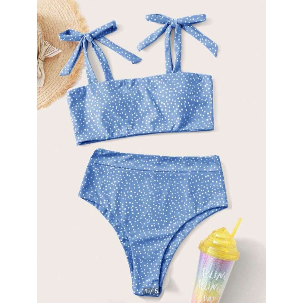 Shein Women's Large Polka Dot Tie Shoulder Summer Beach Bikini Blue White